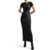 imageSUUKSESS Women Fitted Bodycon Maxi Dress Y2K Crew Neck Short Sleeve Long DressBlack