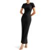 imageSUUKSESS Women Fitted Bodycon Maxi Dress Y2K Crew Neck Short Sleeve Long DressBlack