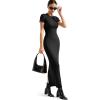imageSUUKSESS Women Fitted Bodycon Maxi Dress Y2K Crew Neck Short Sleeve Long DressBlack