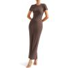 imageSUUKSESS Women Fitted Bodycon Maxi Dress Y2K Crew Neck Short Sleeve Long DressDark Brown