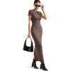 imageSUUKSESS Women Fitted Bodycon Maxi Dress Y2K Crew Neck Short Sleeve Long DressDark Brown