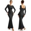imageSUUKSESS Women Ribbed Maxi Long Sleeve Dress Square Neck Sexy Bodycon Dresses1 Black
