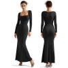 imageSUUKSESS Women Ribbed Maxi Long Sleeve Dress Square Neck Sexy Bodycon Dresses1 Black