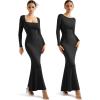 imageSUUKSESS Women Ribbed Maxi Long Sleeve Dress Square Neck Sexy Bodycon Dresses1 Black