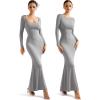 imageSUUKSESS Women Ribbed Maxi Long Sleeve Dress Square Neck Sexy Bodycon Dresses1 Grey