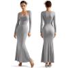 imageSUUKSESS Women Ribbed Maxi Long Sleeve Dress Square Neck Sexy Bodycon Dresses1 Grey
