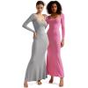 imageSUUKSESS Women Ribbed Maxi Long Sleeve Dress Square Neck Sexy Bodycon Dresses1 Hot Pink