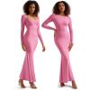 imageSUUKSESS Women Ribbed Maxi Long Sleeve Dress Square Neck Sexy Bodycon Dresses1 Hot Pink