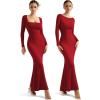 imageSUUKSESS Women Ribbed Maxi Long Sleeve Dress Square Neck Sexy Bodycon Dresses1 Wine