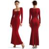 imageSUUKSESS Women Ribbed Maxi Long Sleeve Dress Square Neck Sexy Bodycon Dresses1 Wine