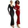 imageSUUKSESS Women Ribbed Maxi Long Sleeve Dress Square Neck Sexy Bodycon Dresses1 Wine
