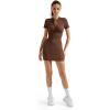 imageSUUKSESS Women Summer Dresses Sexy Ribbed Zip up Front Short Sleeve Mini Dress02 Brown