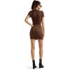 imageSUUKSESS Women Summer Dresses Sexy Ribbed Zip up Front Short Sleeve Mini Dress02 Brown