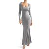 imageSUUKSESS Women Ribbed Maxi Long Sleeve Dress Square Neck Sexy Bodycon Dresses1 Grey