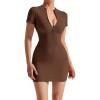 imageSUUKSESS Women Summer Dresses Sexy Ribbed Zip up Front Short Sleeve Mini Dress02 Brown