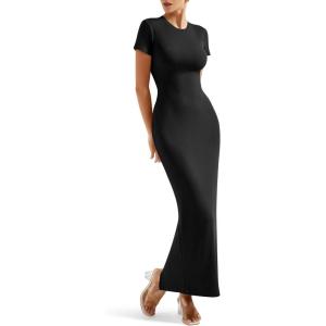 imageSUUKSESS Women Fitted Bodycon Maxi Dress Y2K Crew Neck Short Sleeve Long DressBlack