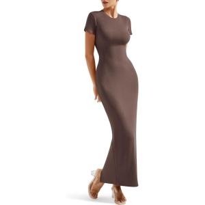 imageSUUKSESS Women Fitted Bodycon Maxi Dress Y2K Crew Neck Short Sleeve Long DressDark Brown