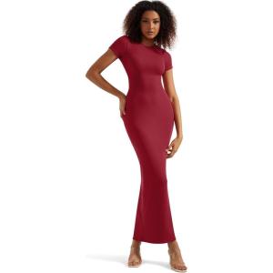 imageSUUKSESS Women Fitted Bodycon Maxi Dress Y2K Crew Neck Short Sleeve Long DressRed