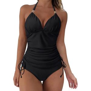 imageSUUKSESS Women Halter Tankini Bathing Suits Sexy Slimming Tummy Control Swimsuits 2 Pieces0 Black