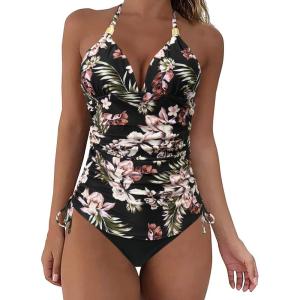 imageSUUKSESS Women Halter Tankini Bathing Suits Sexy Slimming Tummy Control Swimsuits 2 Pieces1 Black Floral