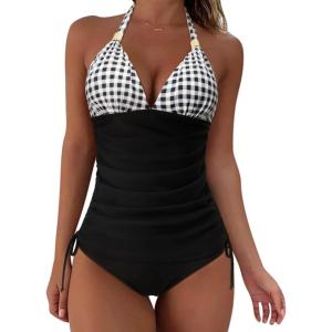 imageSUUKSESS Women Halter Tankini Bathing Suits Sexy Slimming Tummy Control Swimsuits 2 Pieces1 Black Gingham