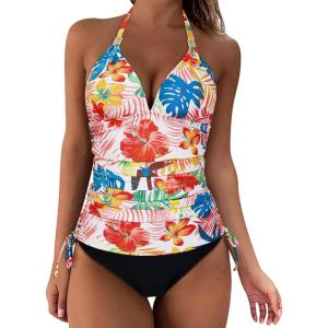imageSUUKSESS Women Halter Tankini Bathing Suits Sexy Slimming Tummy Control Swimsuits 2 Pieces1 Colorful Floral Black