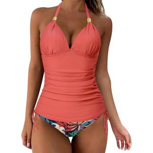imageSUUKSESS Women Halter Tankini Bathing Suits Sexy Slimming Tummy Control Swimsuits 2 Pieces1 Coral Pink Leaf