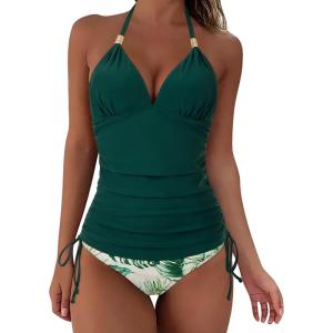 imageSUUKSESS Women Halter Tankini Bathing Suits Sexy Slimming Tummy Control Swimsuits 2 Pieces1 Green Floral