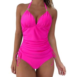imageSUUKSESS Women Halter Tankini Bathing Suits Sexy Slimming Tummy Control Swimsuits 2 Pieces1 Hot Pink
