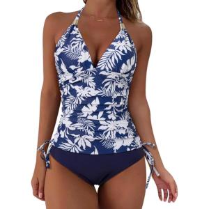 imageSUUKSESS Women Halter Tankini Bathing Suits Sexy Slimming Tummy Control Swimsuits 2 Pieces1 Navy Blue Floral