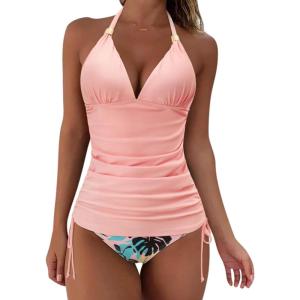 imageSUUKSESS Women Halter Tankini Bathing Suits Sexy Slimming Tummy Control Swimsuits 2 Pieces1 Pink Floral