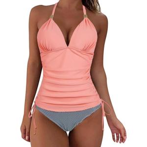 imageSUUKSESS Women Halter Tankini Bathing Suits Sexy Slimming Tummy Control Swimsuits 2 Pieces1 Pinkorange Stripe