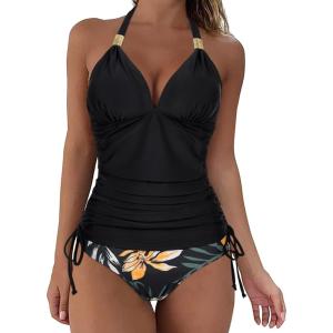 imageSUUKSESS Women Halter Tankini Bathing Suits Sexy Slimming Tummy Control Swimsuits 2 Pieces1 Retro Floral Black
