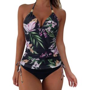 imageSUUKSESS Women Halter Tankini Bathing Suits Sexy Slimming Tummy Control Swimsuits 2 Pieces1 Tropical Floral Black