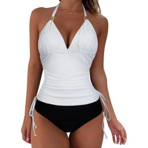 imageSUUKSESS Women Halter Tankini Bathing Suits Sexy Slimming Tummy Control Swimsuits 2 Pieces1 White Black