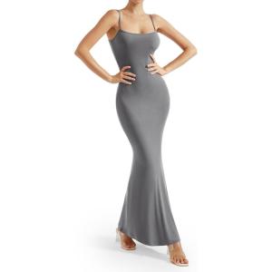 imageSUUKSESS Women Ribbed Long Slip Maxi Dress Sleeveless Sexy Bodycon Dresses1 Grey