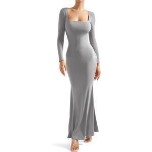 imageSUUKSESS Women Ribbed Maxi Long Sleeve Dress Square Neck Sexy Bodycon Dresses1 Grey