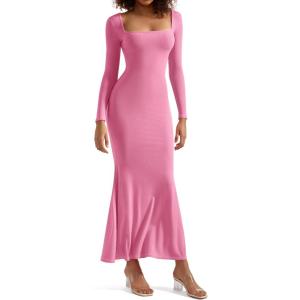 imageSUUKSESS Women Ribbed Maxi Long Sleeve Dress Square Neck Sexy Bodycon Dresses1 Hot Pink