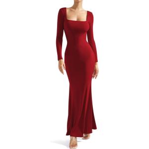 imageSUUKSESS Women Ribbed Maxi Long Sleeve Dress Square Neck Sexy Bodycon Dresses1 Wine