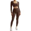 imageSUUKSESS Open Back Long Sleeve Scrunch Butt Booty Leggings Seamless Ribbed Workout Sets 2 Piece Outfits2 Dark Brown