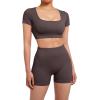imageSUUKSESS Open Back Short Sleeve Scrunch Butt Booty Shorts Seamless Ribbed Workout Sets 2 Piece Outfits1 Dark Brown