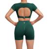 imageSUUKSESS Open Back Short Sleeve Scrunch Butt Booty Shorts Seamless Ribbed Workout Sets 2 Piece Outfits1 Dark Green