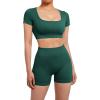 imageSUUKSESS Open Back Short Sleeve Scrunch Butt Booty Shorts Seamless Ribbed Workout Sets 2 Piece Outfits1 Dark Green