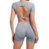 imageSUUKSESS Open Back Short Sleeve Scrunch Butt Booty Shorts Seamless Ribbed Workout Sets 2 Piece Outfits1 Grey