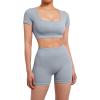 imageSUUKSESS Open Back Short Sleeve Scrunch Butt Booty Shorts Seamless Ribbed Workout Sets 2 Piece Outfits1 Grey