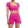 imageSUUKSESS Open Back Short Sleeve Scrunch Butt Booty Shorts Seamless Ribbed Workout Sets 2 Piece Outfits1 Hot Pink