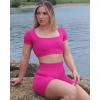 imageSUUKSESS Open Back Short Sleeve Scrunch Butt Booty Shorts Seamless Ribbed Workout Sets 2 Piece Outfits1 Hot Pink