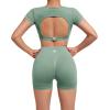 imageSUUKSESS Open Back Short Sleeve Scrunch Butt Booty Shorts Seamless Ribbed Workout Sets 2 Piece Outfits1 Light Green