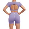 imageSUUKSESS Open Back Short Sleeve Scrunch Butt Booty Shorts Seamless Ribbed Workout Sets 2 Piece Outfits1 Purple