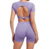 imageSUUKSESS Open Back Short Sleeve Scrunch Butt Booty Shorts Seamless Ribbed Workout Sets 2 Piece Outfits1 Purple